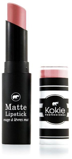 En svart matt leppestift med rosa farge. Ved siden av er en matchende stripete leppestiftlokk. Brandet er Kokie.