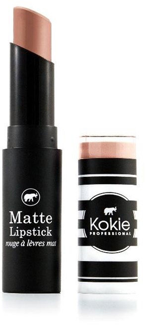 Svart leppestiftrør med beige leppestift og en tilsvarende fjerner med svarte og hvite striper.