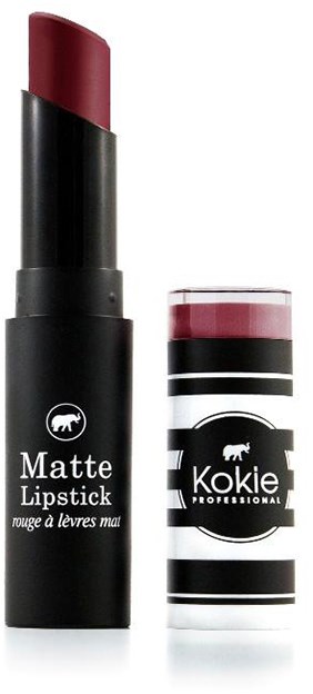En svart leppestiftkube med röd leppstift og en matchende stribet leppepomadebeholder.