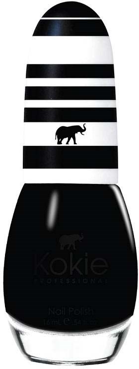 Black nail polish bottle with striped design and elephant logo.