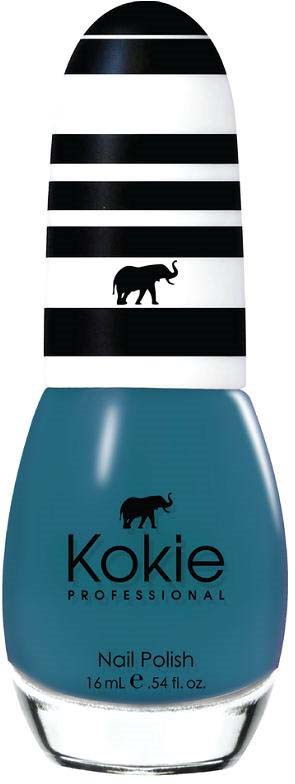 En nagellackflaska med svarta och vita ränder och en liten svart elefant. Etiketten säger "Kokie Professional."