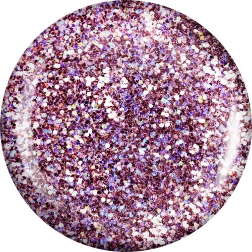 En rund behållare fylld med glittriga, färgskiftande glitterpartiklar i lila och rosa nyanser.