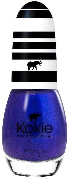 Blå nagellackflaska med svart elefantlogotyp och randig caps. Texten säger "Kokie Professional."