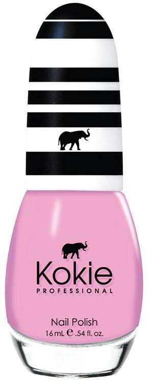 Pink nail polish bottle with black elephant logo and striped cap. The brand name is 'Kokie Professional.'