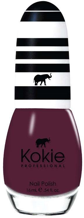 En neglelakkflaske med svart og hvit stripet lokk og en lilla base, med elefantsymbol og tekst.