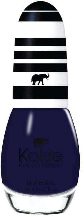 En neglelakkflaske med svart-hvitt stripet hette og en blå bunn, med elefantlogo og navnet 'Kokie'.