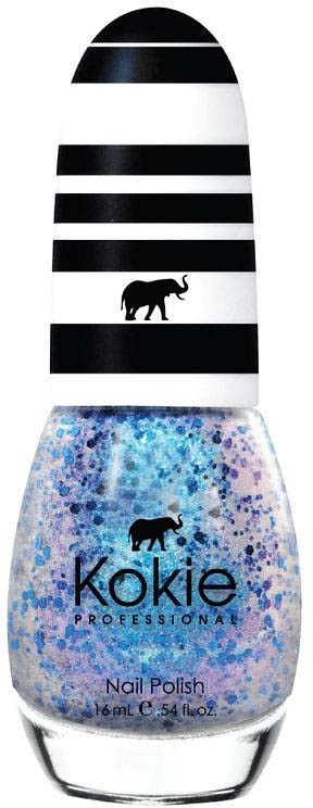 En nagellackflaska med blå glitter, en svart elefantlogotyp och en svartvit randig kork.
