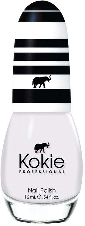 A nail polish bottle with black and white stripes and an elephant logo, labeled "Kokie Professional."