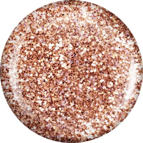 A round container filled with shiny, gold-colored glitter. The glitter covers the entire surface evenly.