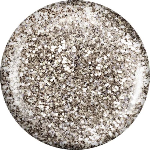 A close-up of a circular surface covered in silver and white glitter particles.