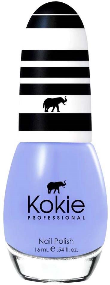 En neglelakkflaske med svart-hvitt stripete kork og lilla kropp, med en svart elefantlogo.