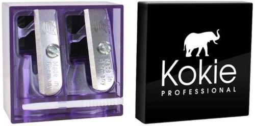 Dwa małe narzędzia metalowe w fioletowym etui, obok czarne pudełko z logo słonia i napisem 'Kokie PROFESSIONAL.'