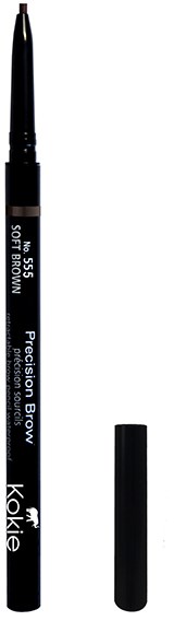 En svart øyenbrynspenn med lokk, merket 'Kokie Precision Brow' og nyansen 'Soft Brown'.