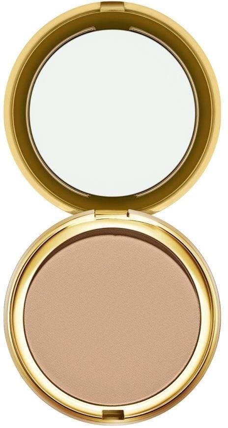 En rund kompakta med spegel ovanpå och beige puder inuti.