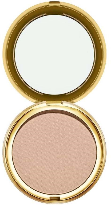 En rund sminkkompakt med guldlås, innehållande beige pressat puder. Locket är öppet, visar spegeln inuti.