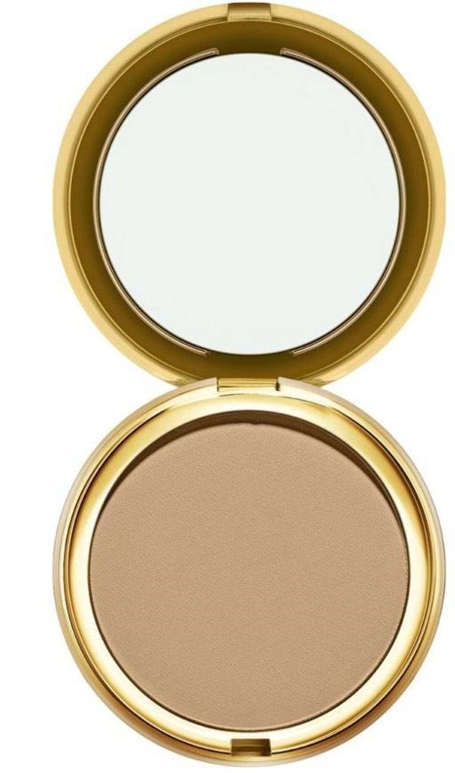 En liten sminkkuddis med spegel och beige puder inuti, avsedd för smink eller påfyllning.