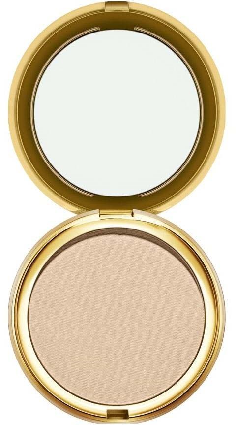 En gyllene kompakt med spegel uppe och beige puder inuti.
