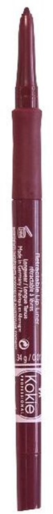 En röd flytande läppstift eller lip gloss med borstand applicator. Den har en lång, tunn design och innehåller vitt text.
