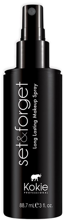 Svart sprayflaske med langvarig makeup spray fra Setaforget, med etikett og Koike-emerke.