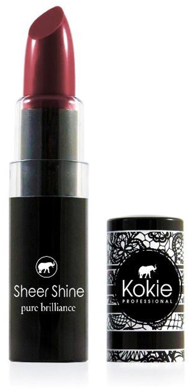 En rød leppestift med en svart og hvit beholder ved siden av, merket "Sheer Shine" og "Kokie".