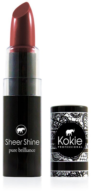 En leppestift med mørk rosa nyanse og svart- og sølvfarget etui, merket 'Sheer Shine' og 'Kokie Professional.'