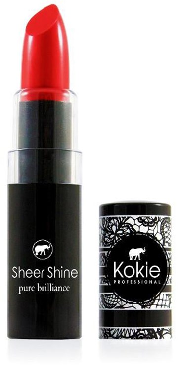 En rød leppestift med svart og sølv emballasje, merket 'Sheer Shine' og 'Kokie Professional'.