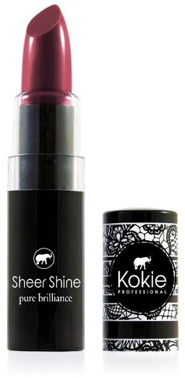 En leppestift med mørk rosa farge og svart-sølv tube, merket 'Sheer Shine' og 'Kokie'.