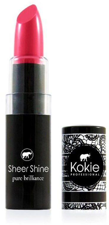 En lys rosa leppestift i en svart og sølv tube med teksten 'Sheer Shine' og 'pure brilliance'.