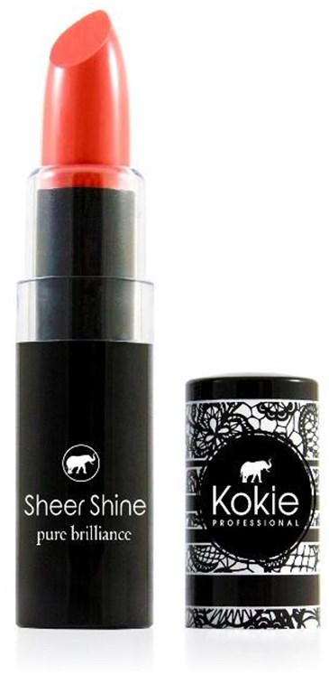 Lepestift i korallfarge i en svart tube, merket Sheer Shine og Koki Professional.