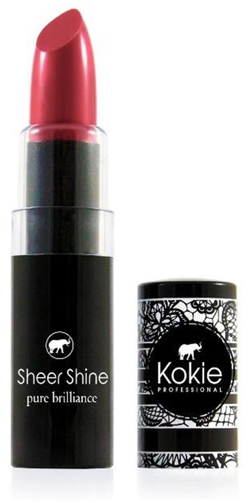 En leppestift med svart og sølv emballasje, merket Sheer Shine og Kokie. Lokket er fjernet, viser rosa leppepomade.