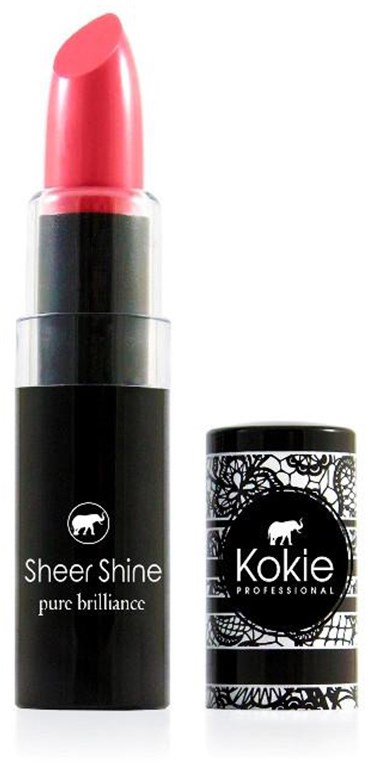 En rosa læbestift med sort og sølv etui, mærket 'Sheer Shine' og 'Kokie Professional.'