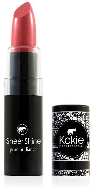 En rosa leppestift med svart og hvit beholder, merket 'Sheer Shine' og 'Kokie.'