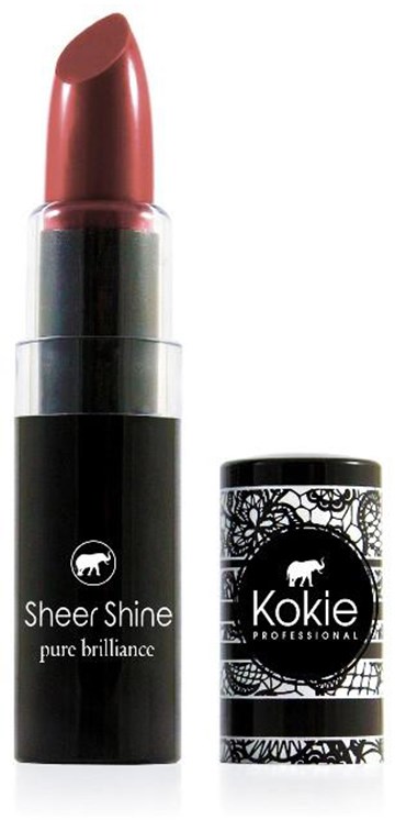 En leppestift i svart og sølvboks med merket Sheer Shine og Kokie. Leppestiften er en støvete rosa farge.