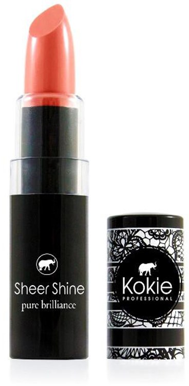 En lyse rosa leppestift i svart tube med teksten "Sheer Shine" og en hette med svart-hvitt mønster.