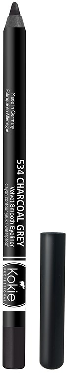 En svart kajalpenna i färgen kolgrå med lock, märkt 'Kohl' och '534 CHARCOAL GREY.'