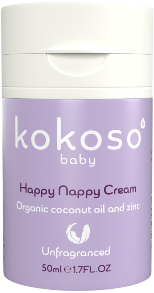 Mały cylindryczny pojemnik z białą nakrętką i fioletowym korpusem, oznaczony 'kokoso baby Happy Nappy Cream' z naturalnymi składnikami.