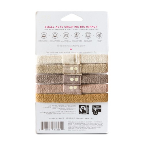 Seks beige, pink og brune hårbånd med små knapper, i en pakke på hvit bakgrunn.