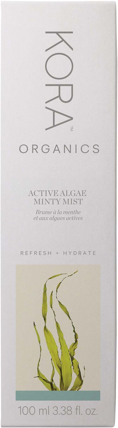 A white box with KORA ORGANICS logo, product name, illustration of green algae, and text about hydration and refreshment.