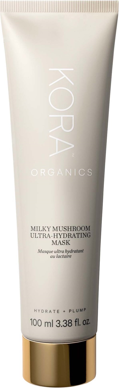 A white tube labeled 'KORA ORGANICS' with gold cap, contains a mask for hydration and plumpness.