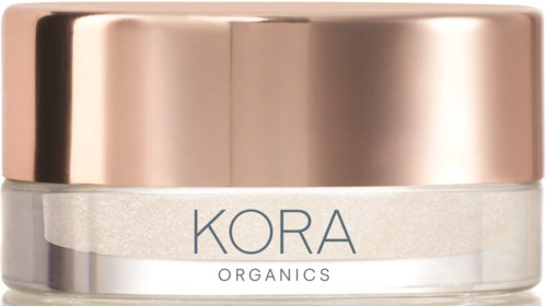 Lasi ruusukultaisella kannella ja läpinäkyvällä rungolla, merkinnällä 'KORA ORGANICS'.
