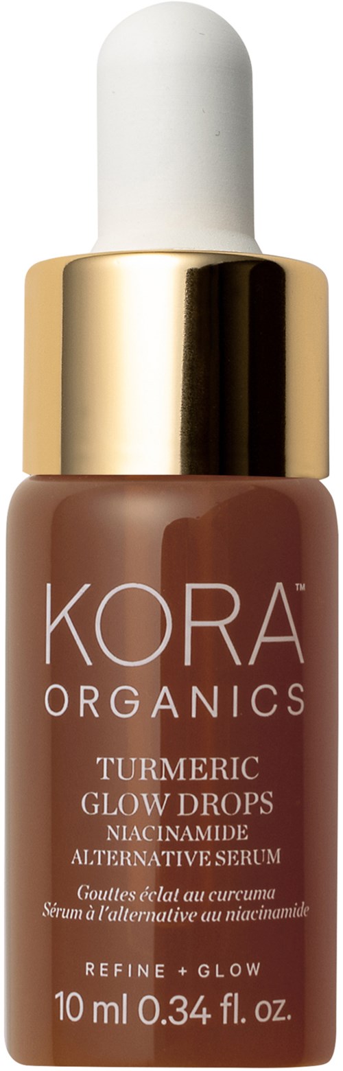 Glass bottle with a white dropper cap, gold band, and brown label for turmeric glow drops serum.