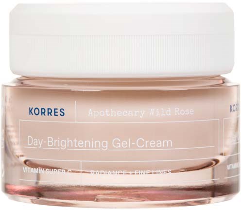 Purkkimassa Korres Day-Brightening Gel-Cream villiruusulla ja vitamiineilla, vaaleanpunaisessa lasipurkissa.