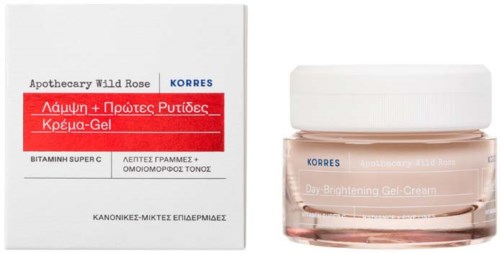 Purkkimainen Korres Gel Cream ja sen rasia, valkoinen ja punainen pakkaus, merkitty C-vitamiinilla kirkastava geel.