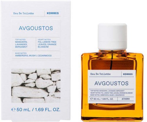A small amber perfume bottle with a white cap next to its box, both labeled "August" and "KORRES."