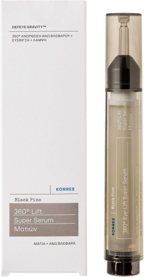 En serumflaska bredvid dess vita box med svart, grått och blått text, märkt som Korres 360° Lift Super Serum.