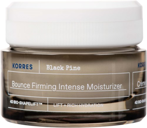 Korres Bounce Firming Intense Moisturizer -purkki, jossa musta mänty tuoksu, kosteuttaa ja kiinteyttää ihoa.