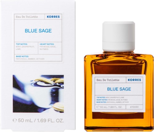 Pieni sinertävä tuoksupullo ja valkoinen laatikko, jossa lukee 'Blue Sage' Korresilta.