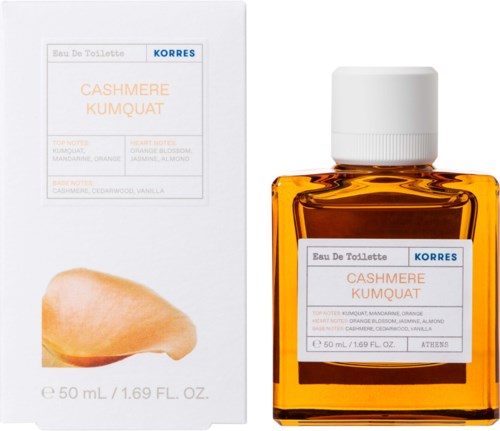 En liten orange parfyllflaska och vit paket märkt 'Cashmere Kumquat' med fruktnoter listade.