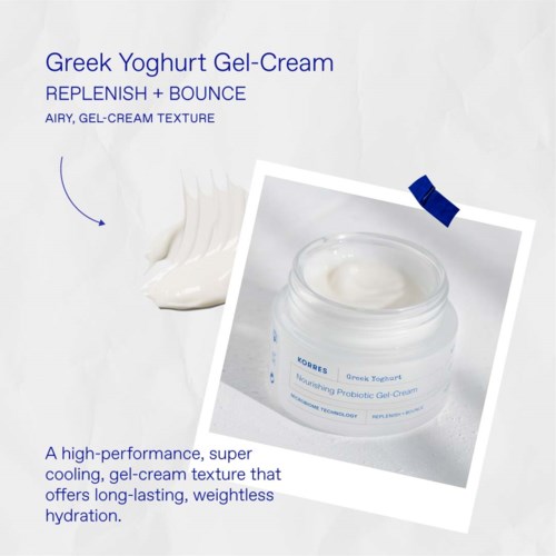 A Greek yogurt gel-cream jar with white cream inside, and a smear of cream with text describing its cooling, hydrating features.