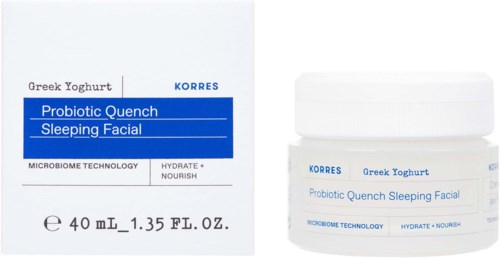 KORRES Greek Yoghurt Probiotic Quench Sleeping Facial og dens emballage vises, med blå og hvide farver og produktoplysninger.